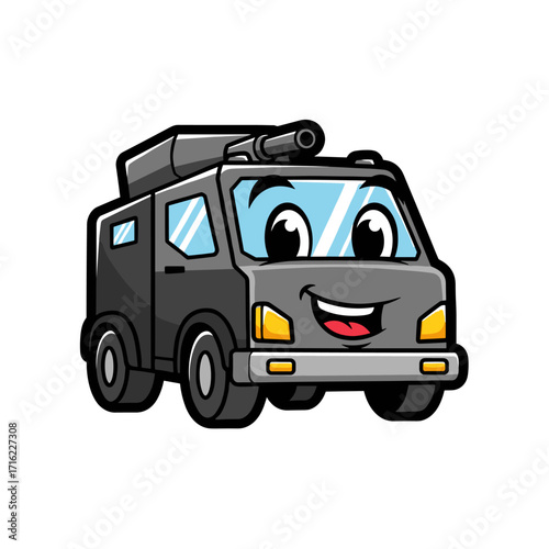 Cute Cartoon Armored Vehicle with a Friendly Face and Cannon.