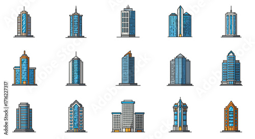 Modern city buildings collection in flat style with blue and gray tones