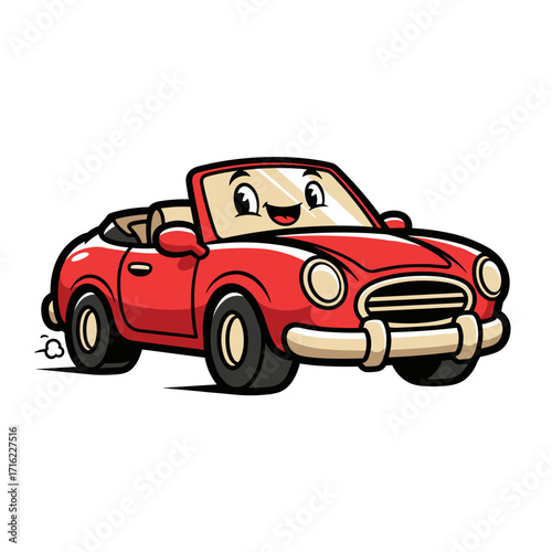 Cute Red Convertible Car Character with Happy Face.