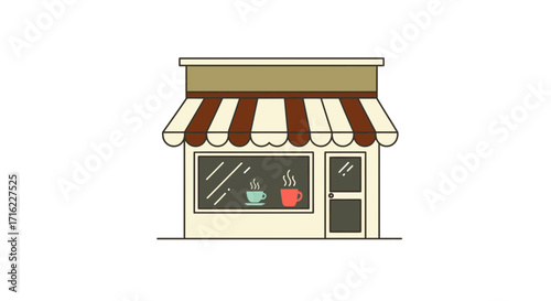 Charming coffee shop facade invites customers with warm steaming cups visible inside invitingly.