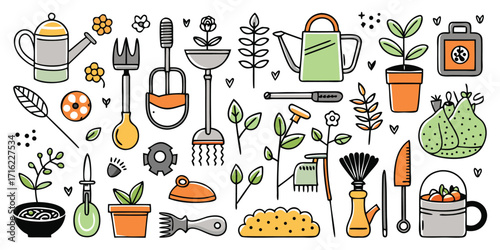 Collection of gardening tools and plants freshly drawn for your garden projects