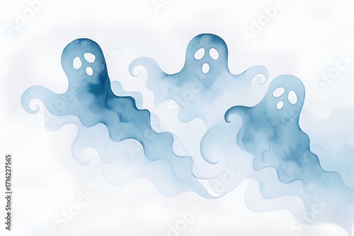 Playful blue watercolor ghosts floating in a foggy atmosphere
