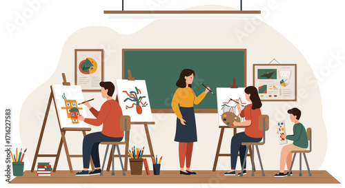 Art class scene with painting students and teacher in classroom setting