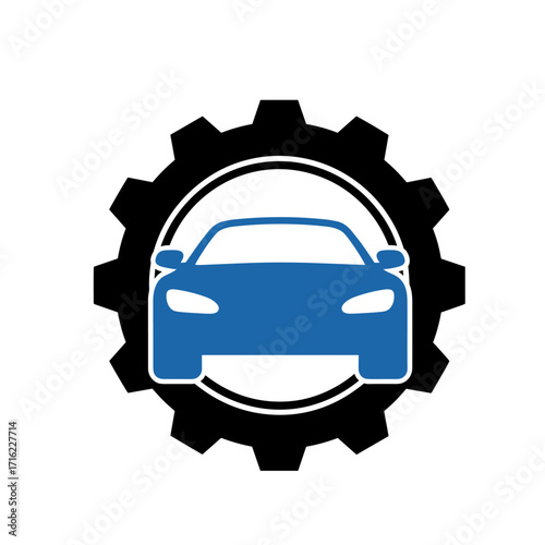 Blue Car Inside A Gear Symbol Representing Automotive Industry And Services.