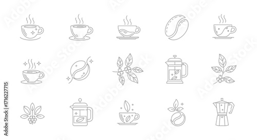 Elegant collection of modern coffee and tea icons featuring cups, beans, and brewing tools