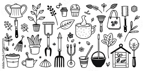 Collection of hand-drawn gardening tools and plants for outdoor enthusiasts and gardeners