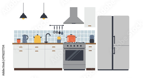 Modern flat kitchen design with appliances and minimalist decor