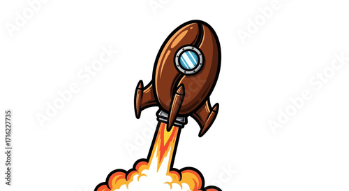 Dynamic retro rocket blasting off with fiery exhaust and bright cloud of smoke