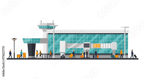 Modern flat airport terminal with passengers and luggage