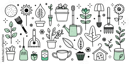 Charming hand-drawn gardening tools and plants collection for your projects