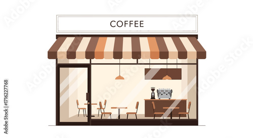Charming coffee shop facade welcomes patrons with cozy interior and professional espresso machine