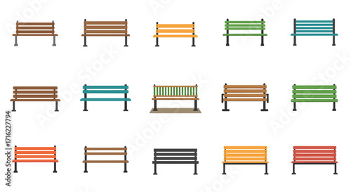 Colorful urban park bench set in flat design