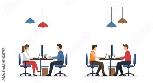 Collaborative office environment with professionals at work desks in flat design