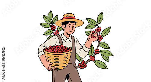 Happy farmer diligently harvesting ripe red berries in lush green foliage, gathering bounty