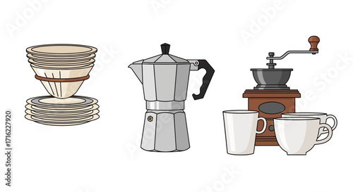 Brewing coffee essentials vintage grinder moka pot pour over dripper and cups for morning ritual