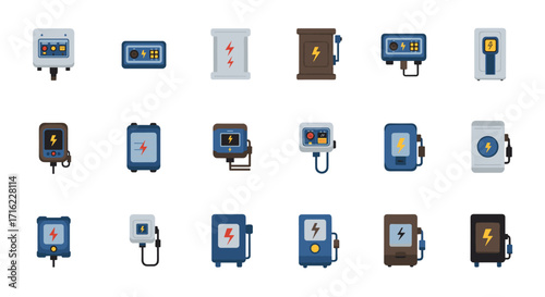 Industrial electricity panel set with diverse flat design elements for modern infographics
