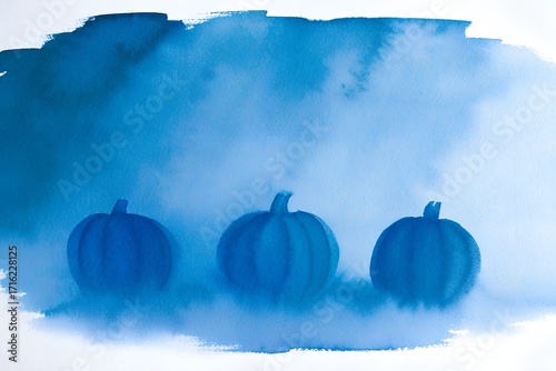Blue painted pumpkins in a foggy atmosphere