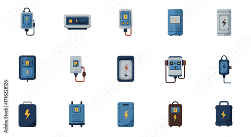 Colorful flat battery charger icons collection for modern devices