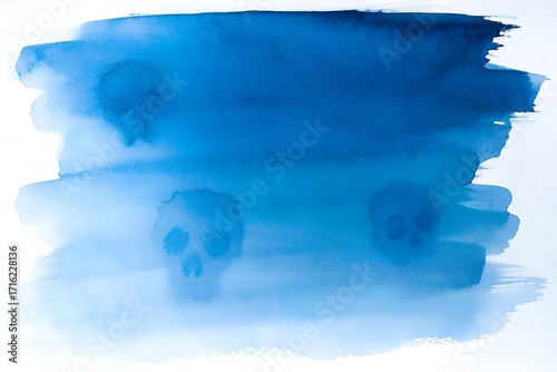 Blue watercolor background with ghostly skulls in a misty atmosphere