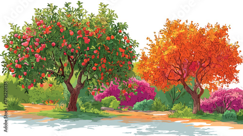Vibrant Summer Autumn Garden Scene Ripe Fruits Bright Colors