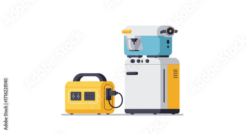 Modern coffee machine and portable generator in flat design for home energy solutions