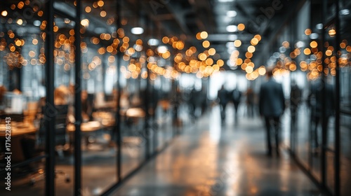 Blurred View of Modern Office Workspace with Warm Bokeh Lights and Active Business Professionals