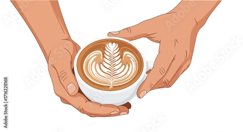 Hands gently holding a perfectly crafted latte with intricate art, a moment of pure coffee bliss awaits you.