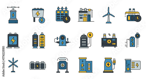 Diverse energy icons set: power plants, batteries, and renewable energy sources