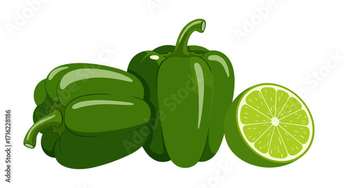 Vibrant green bell peppers with lime on white background