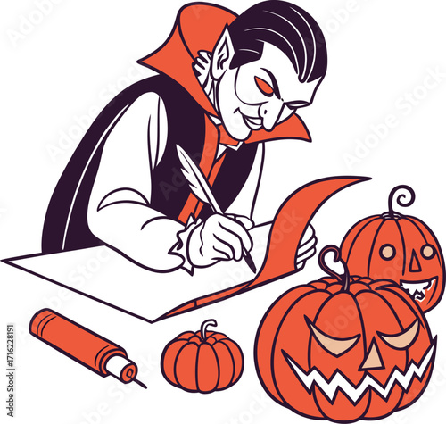 A fun cartoon girl in a witch hat celebrates Halloween with her spooky black cat and an orange pumpkin lantern