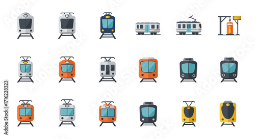 Flat icon set of various trains and trams for urban transport design