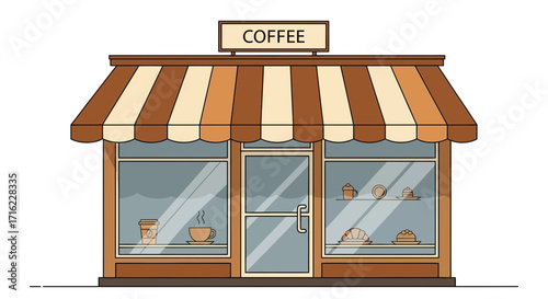 Charming coffee shop facade invites customers with a warm display of pastries and steaming beverages.