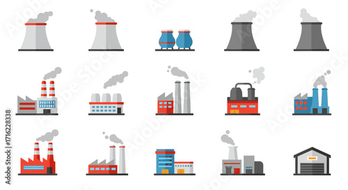 Industrial buildings and chimneys icons set with smokestack emission in flat style