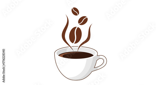 Steaming cup of coffee with beans rising, a perfect morning brew for energy and warmth.