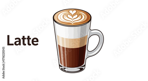 Savor a visually appealing layered latte with intricate foam art, perfect for cafe menus and coffee lovers.