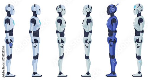 Futuristic robot lineup: six robots in profile with futuristic elements