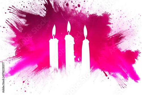 Three candles illuminated against a watercolor Halloween background  