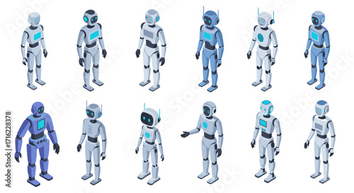 Isometric collection of futuristic robots in diverse poses and colors