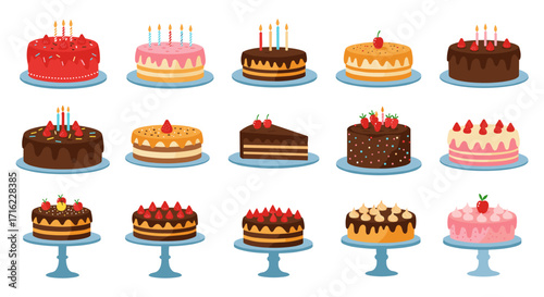 Assorted birthday cakes on stands with candles and decorations