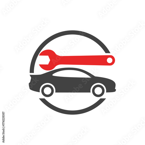 Car Repair Service Logo with Wrench and Vehicle Silhouette.