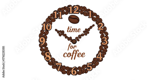 Perfect morning ritual captured time for coffee clock design with rich brown beans and numerals