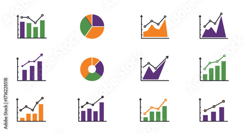 Colorful linear graphs and pie charts for data analysis and presentation