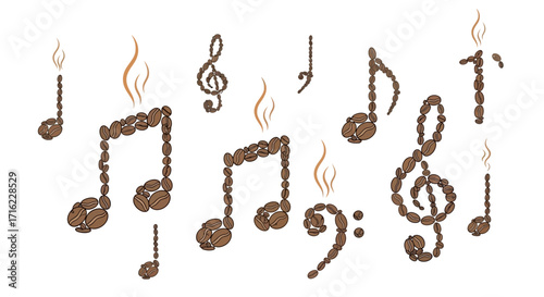 Aromatic coffee beans form musical notes, creating a symphony of flavor and sound for cafes