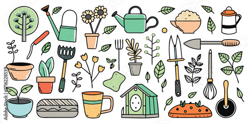 Diverse collection of hand-drawn gardening tools plants and planters for your creative projects