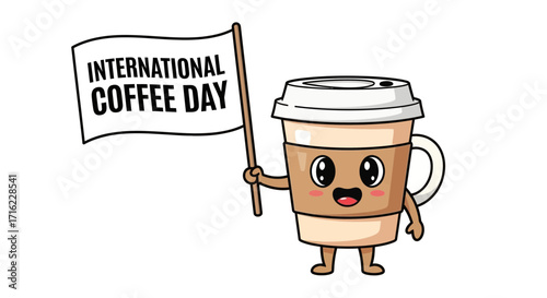 Adorable coffee cup character celebrates International Coffee Day holding a festive banner with joy and excitement