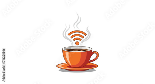 Steaming coffee cup radiates vibrant Wi-Fi signal, perfect for modern cafe or tech concept art
