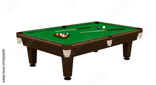 Realistic pool table with cue sticks and balls on green felt surface