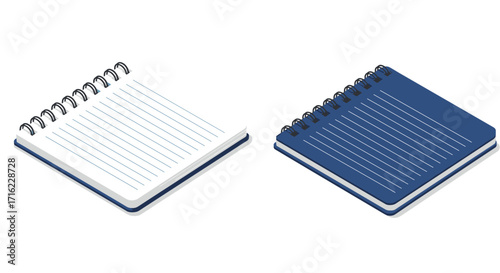 Isometric spiral notebooks with lined pages in blue and white variants
