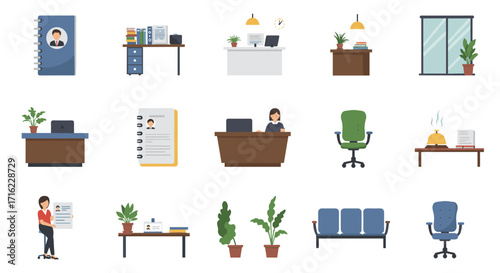 Colorful office workspaces and people in minimalist design