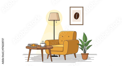 Cozy armchair with coffee and croissant offers perfect morning relaxation and quiet contemplation